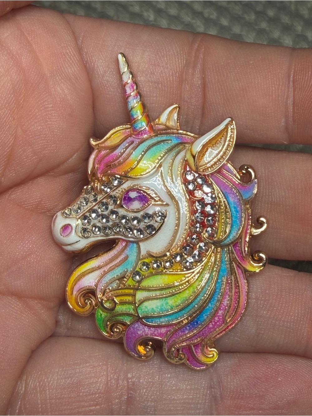 Rainbow Unicorn Brooch Rhinestone Enamel Colorful Gold Tone Statement Pin